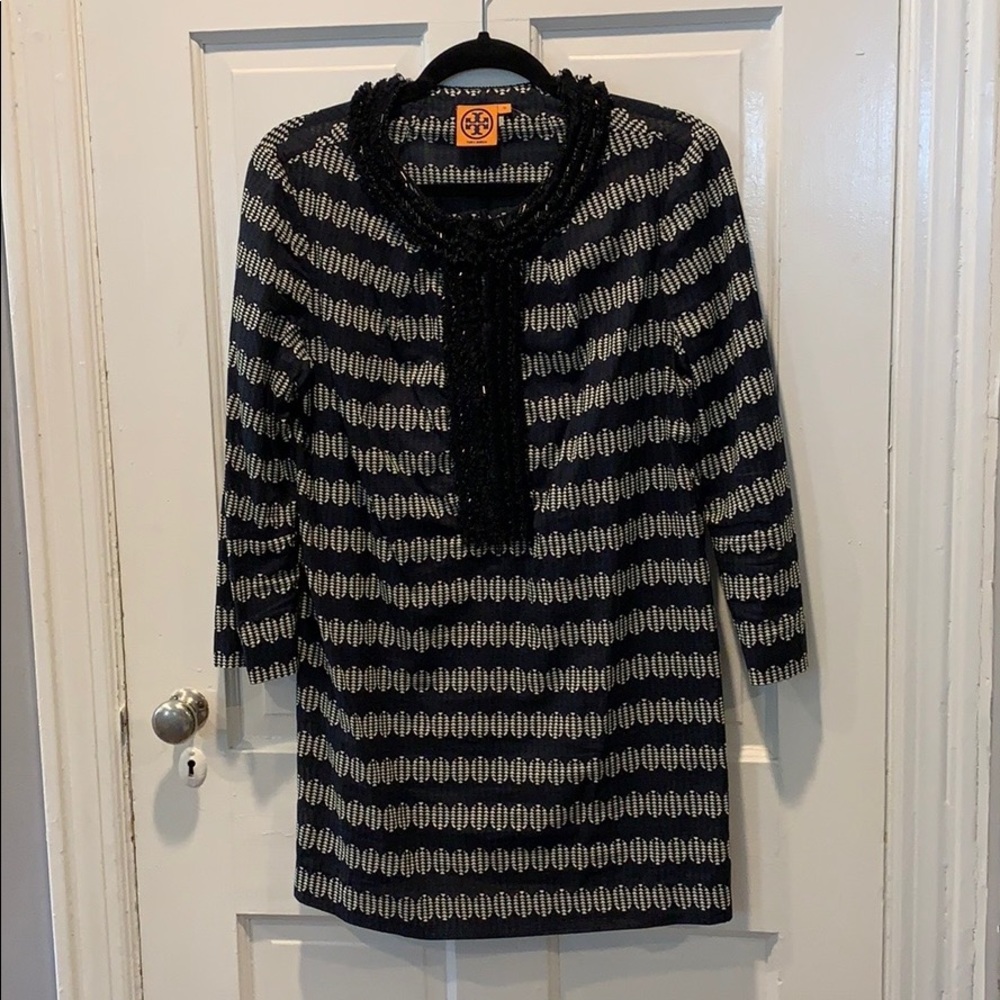 NWOT Tory Burch Navy Black White Beaded Neck Tunic